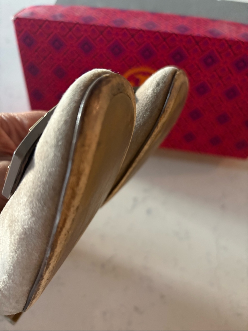 Tory Burch Taupe Suede Logo Flats w/Gold Hardware- Gigi Suede Pump - Picture 7 of 7